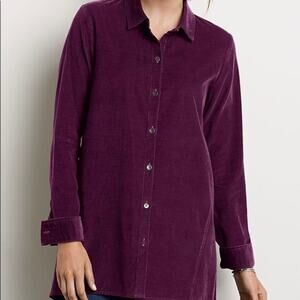 J Jill Corduroy Button Up Tunic Top Size L Petite Plum Purple Cotton Round Hem